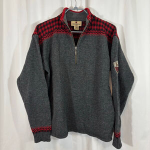 Woolrich Women’s Lambswool Quarter Zip Sweater Charcoal Gray Red Fair Isle M
